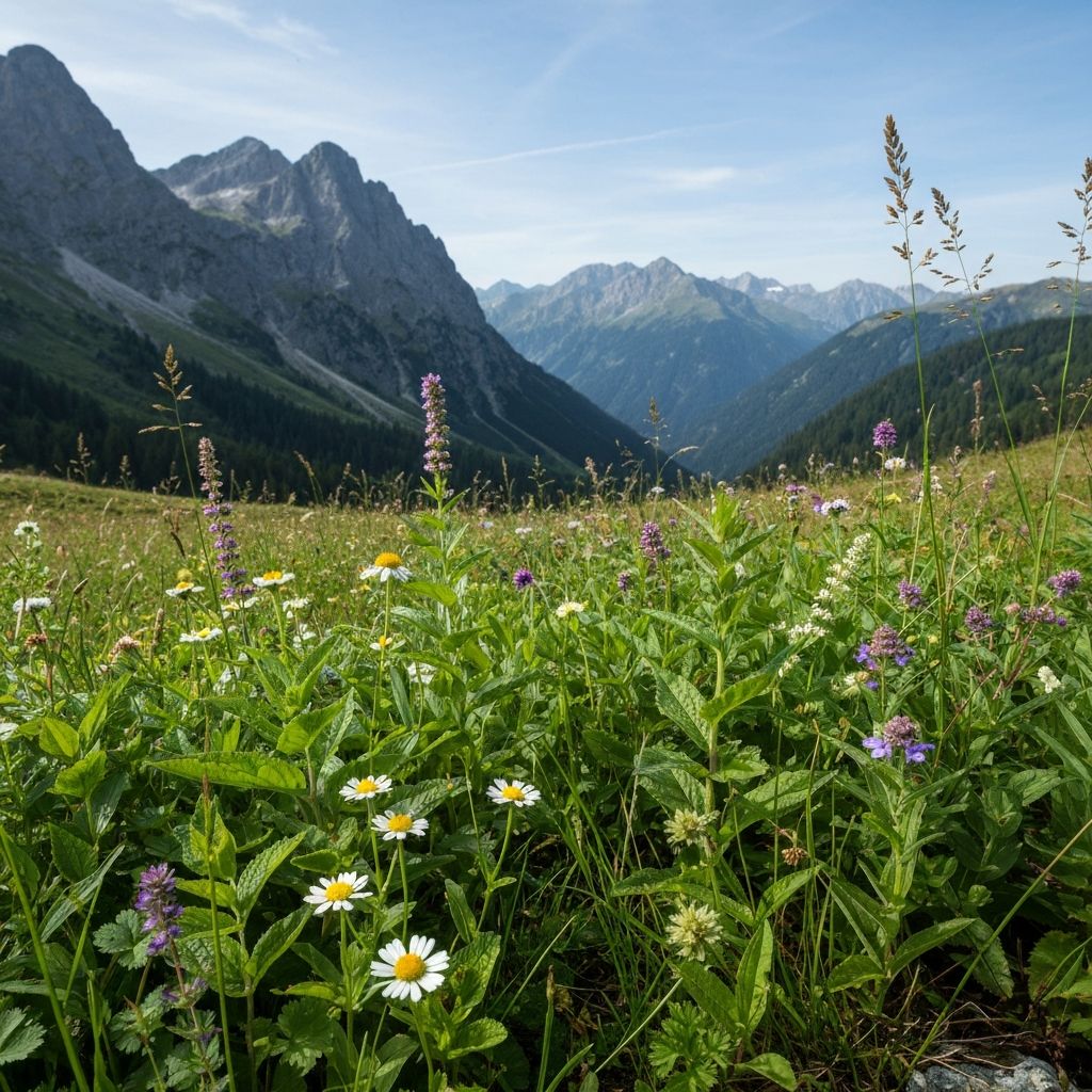 Alpine meadow with traditional healing herbs